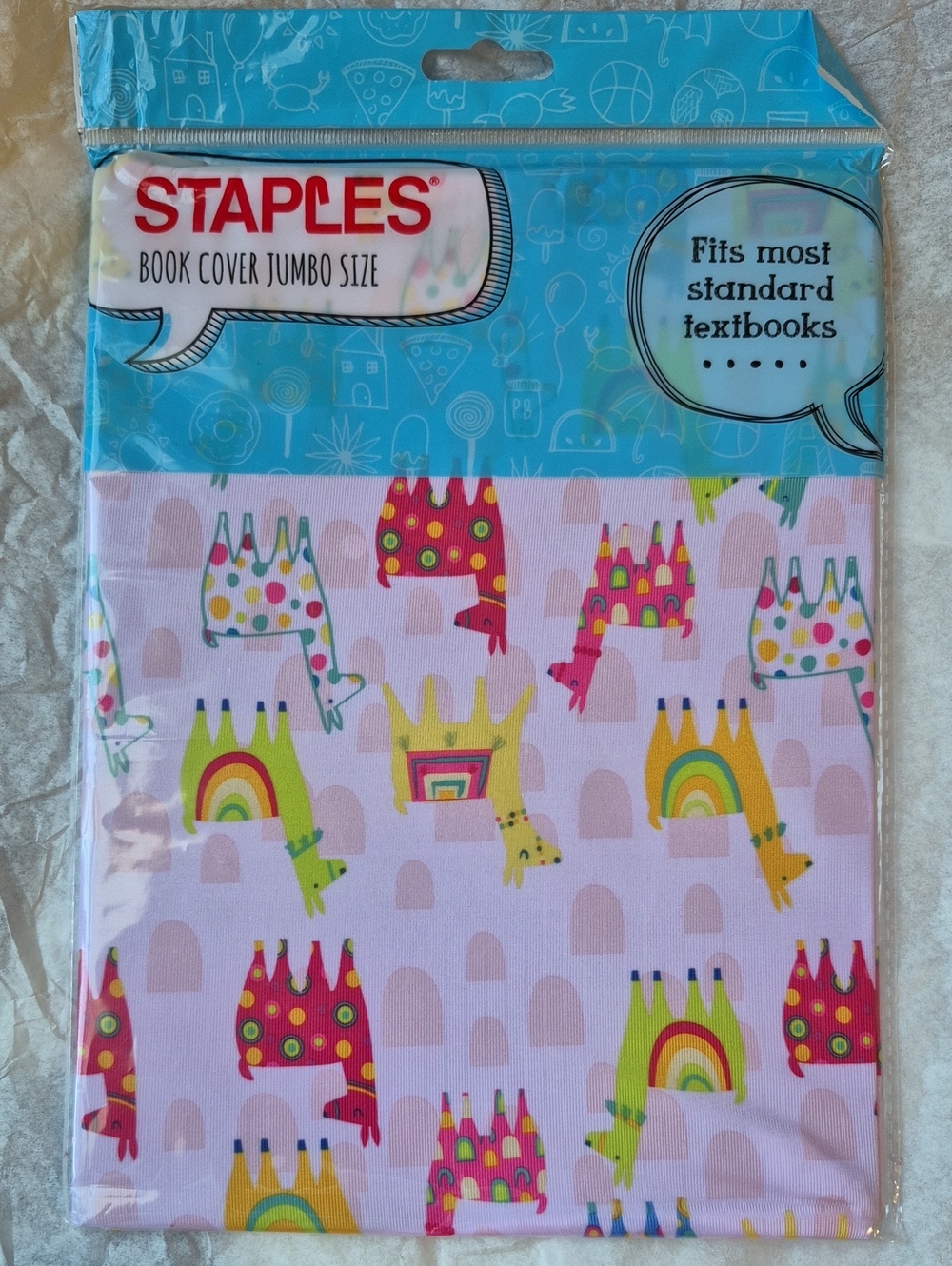 NWT Staples Jumbo Size Stretch Book Cover Giraffe Rainbow Pattern